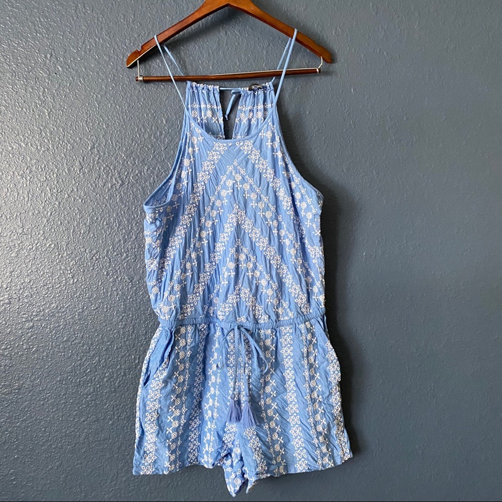 LOFT Blue and White Embroidered Romper Size Medium